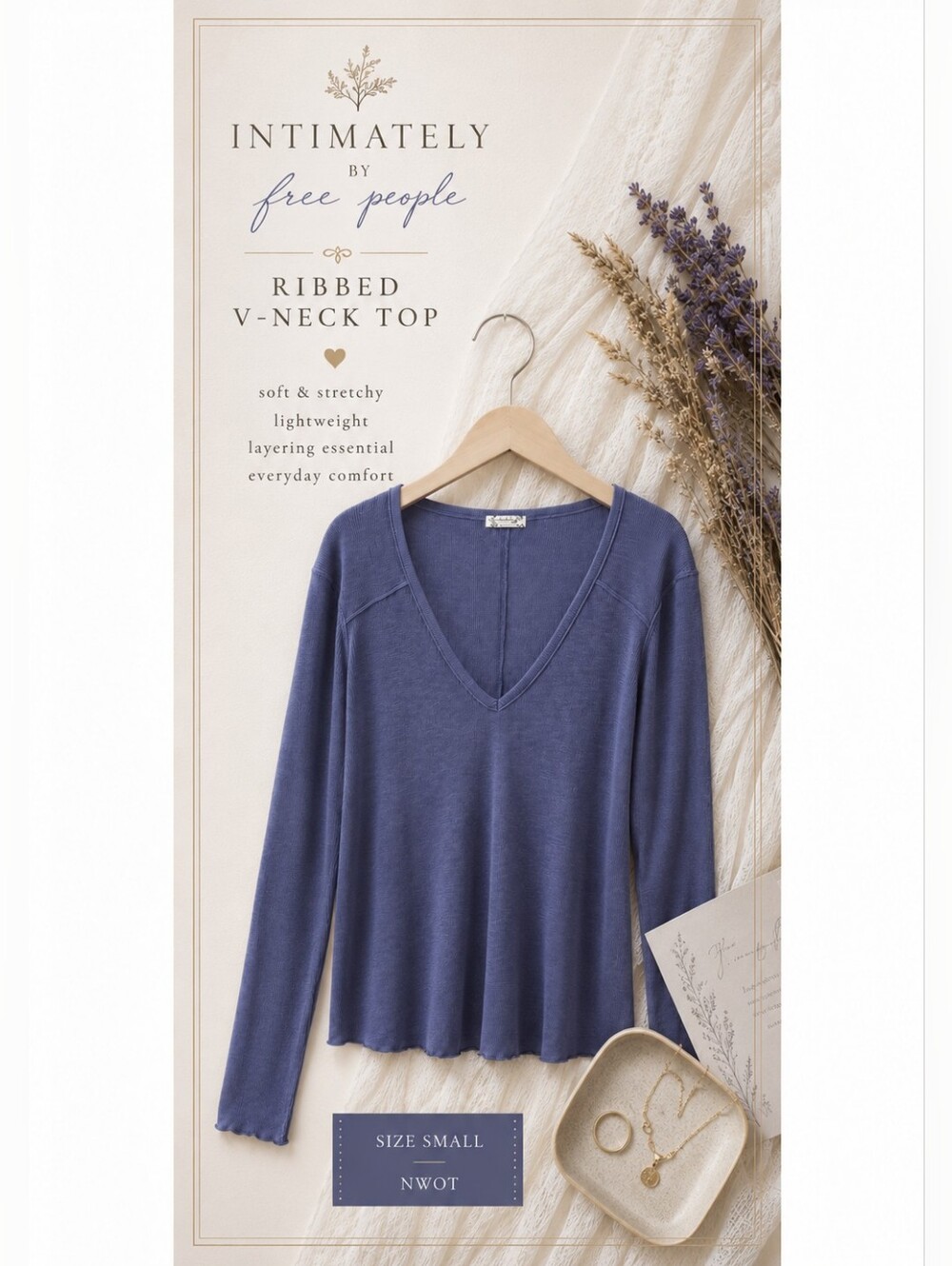 Intimately Free People Ribbed V-Neck Layering Top Small NWOT Purple Blue Long S